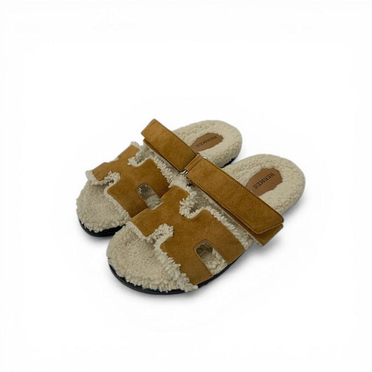 Hermes Chypre Sandals Shoes Suede Shearling Brown Ivory Flat Velcro Strap Boa