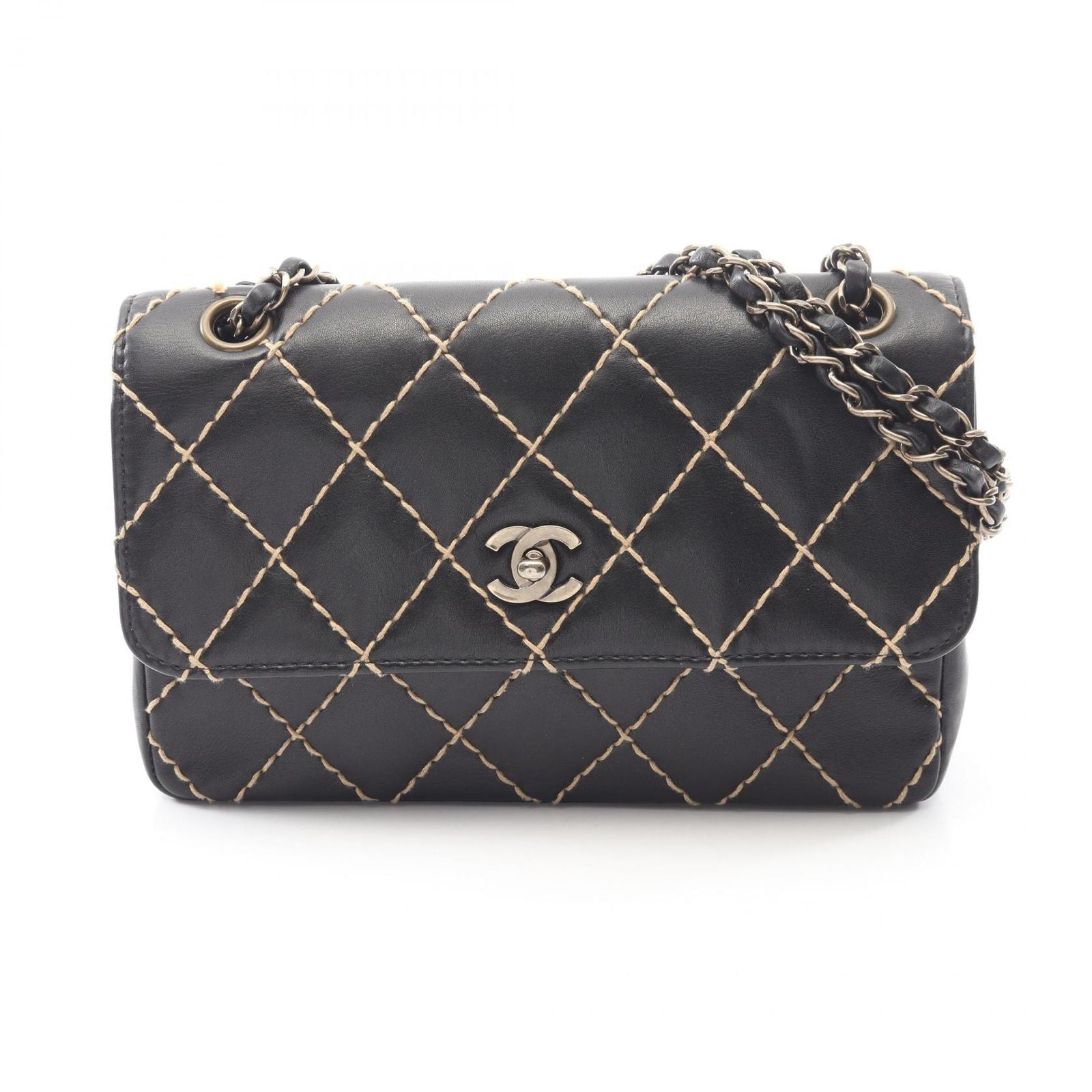 Chanel Shoulder Bag Wild Stitch Black Leather Chain