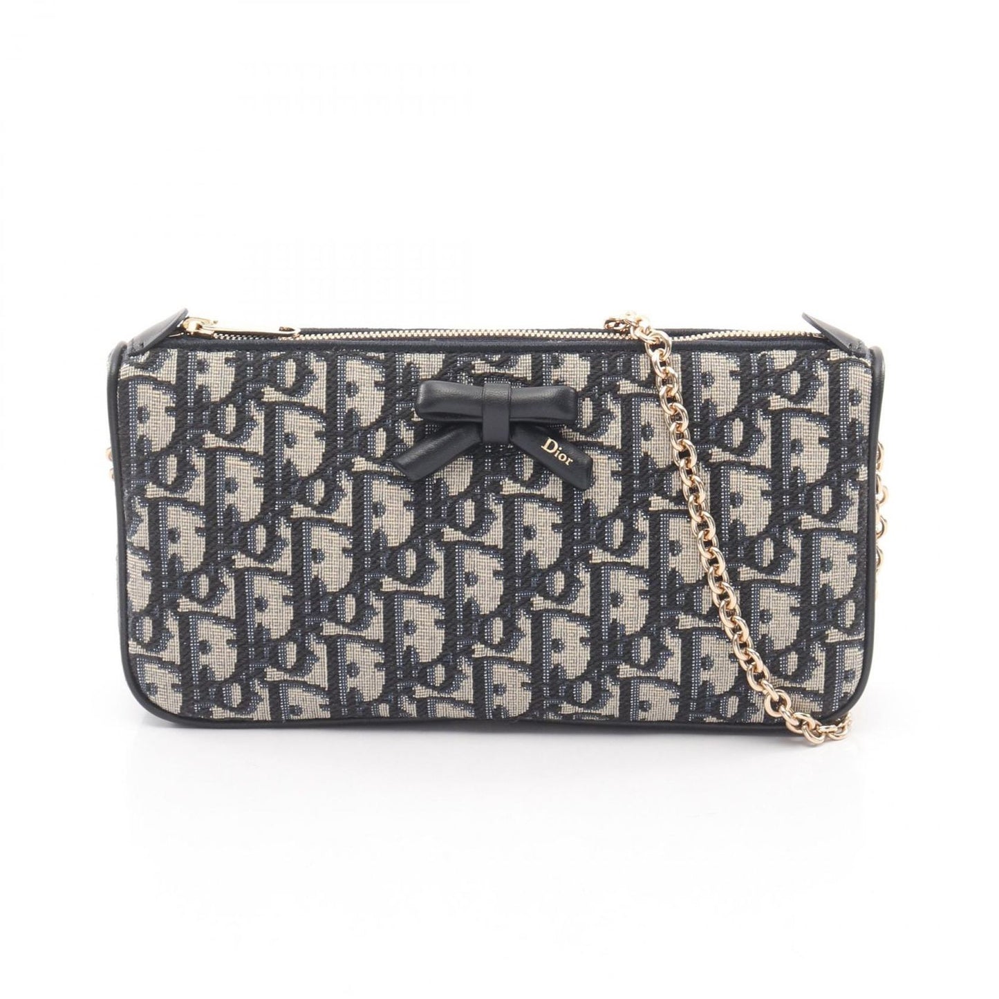 Dior Shoulder Bag Oblique Bow Blue Canvas Leather Chain
