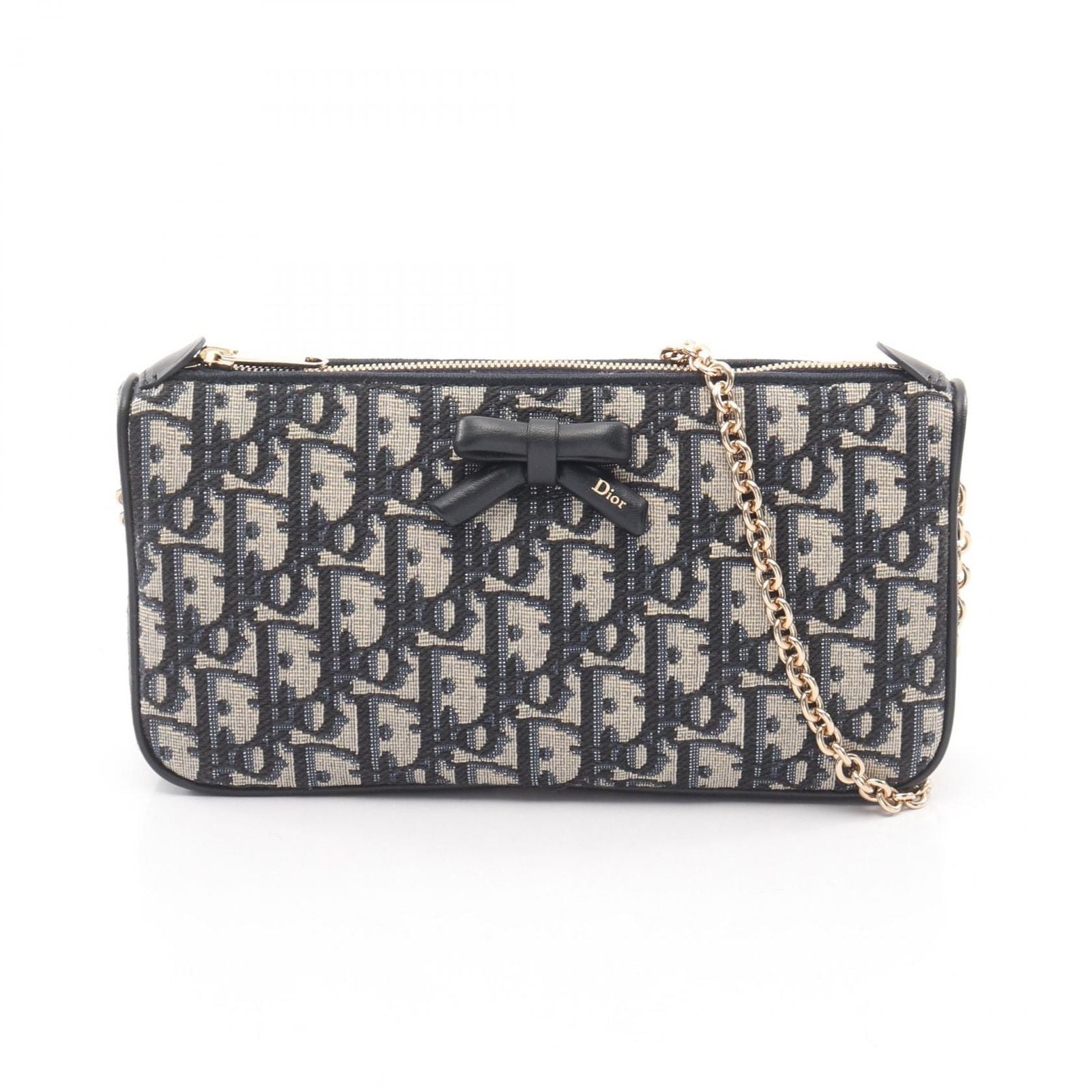 Dior Shoulder Bag Oblique Bow Blue Canvas Leather Chain