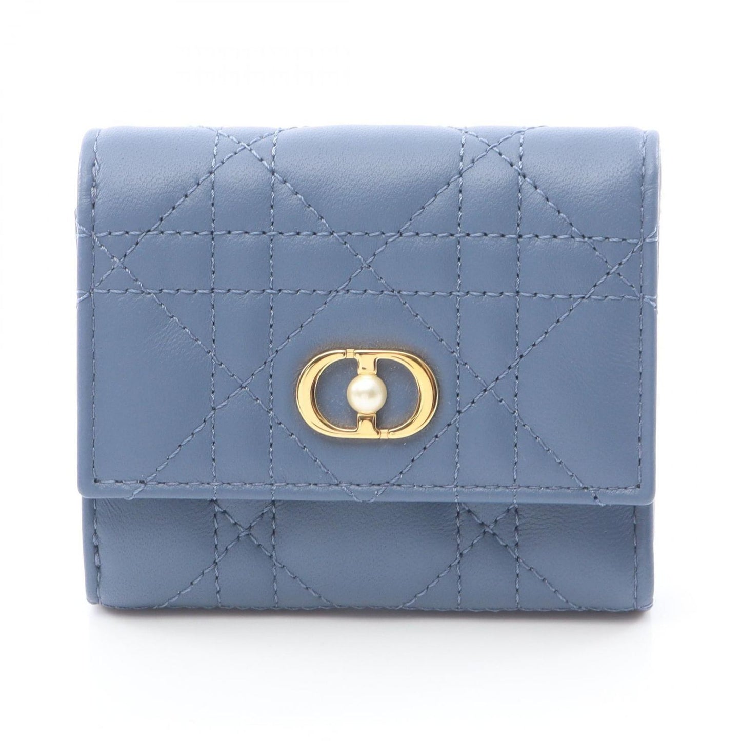 Dior Trifold Wallet Jolie Hibiscus Cannage Blue Leather