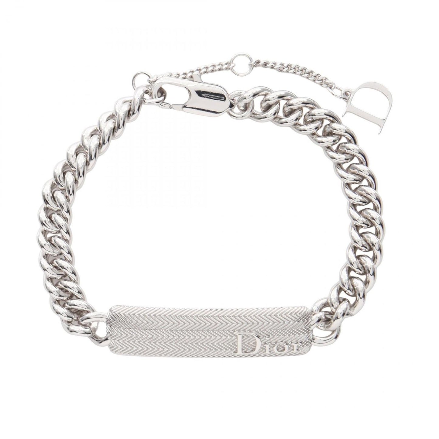 Dior Bracelet Guilloche Chain Link Logo Plate Silver Stainless Steel