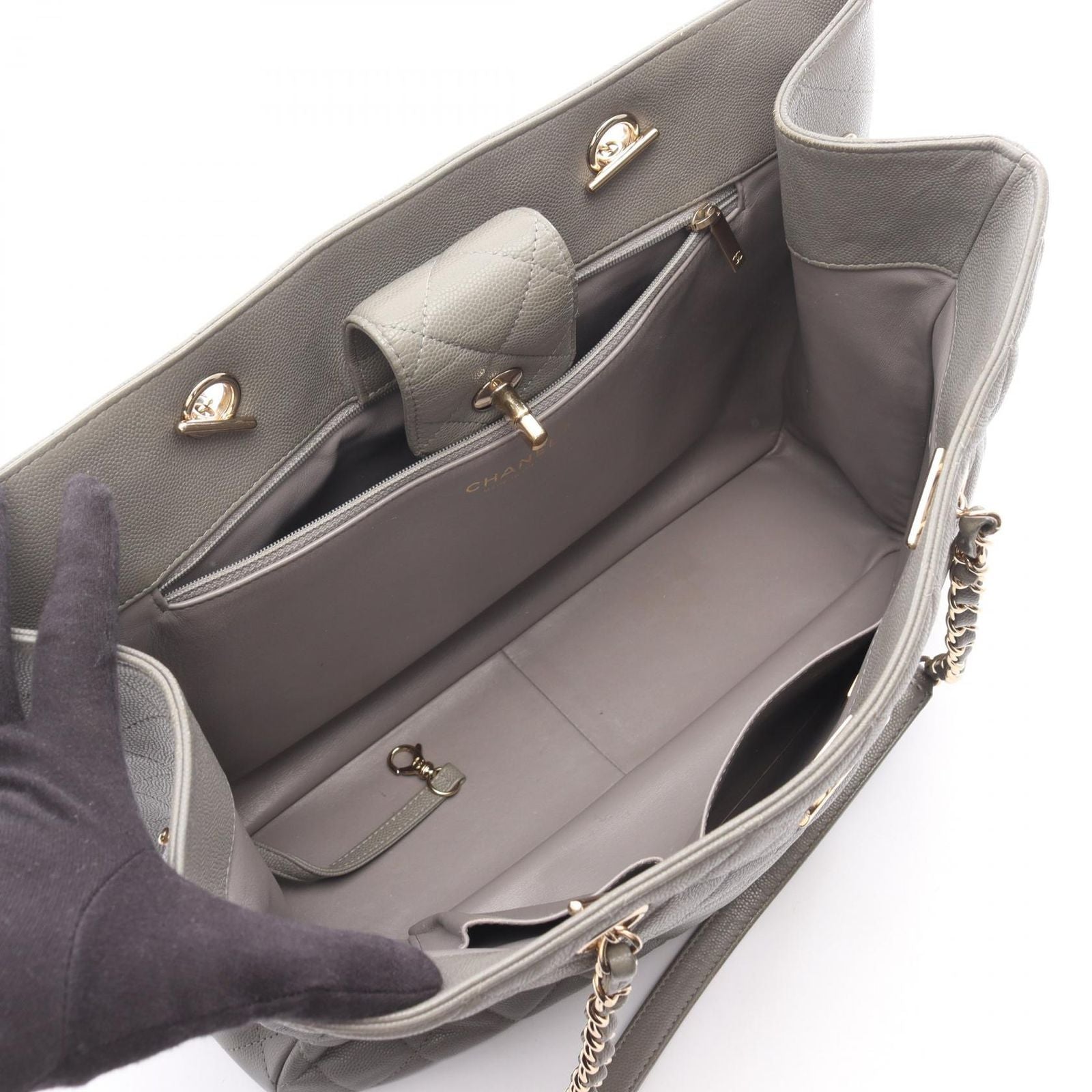 Chanel Tote Quilted Large Shopping Gray Caviar Leather Chain — view 3