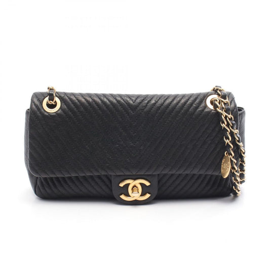 Chanel Shoulder Bag Blanc Stitch Black Leather Chain