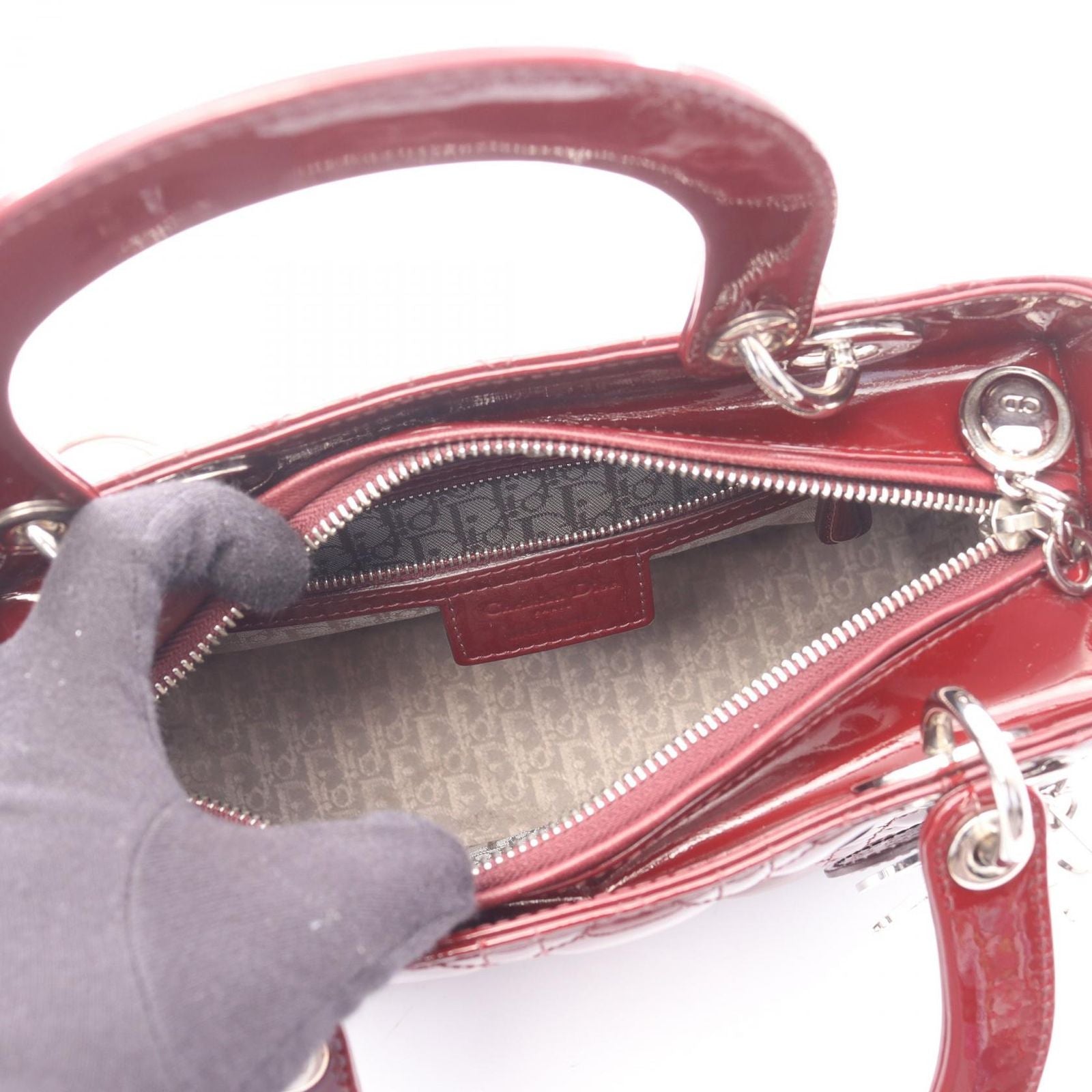 Dior Handbag Lady Dior Cannage 2-Way Bordeaux Patent Leather Tote — view 3