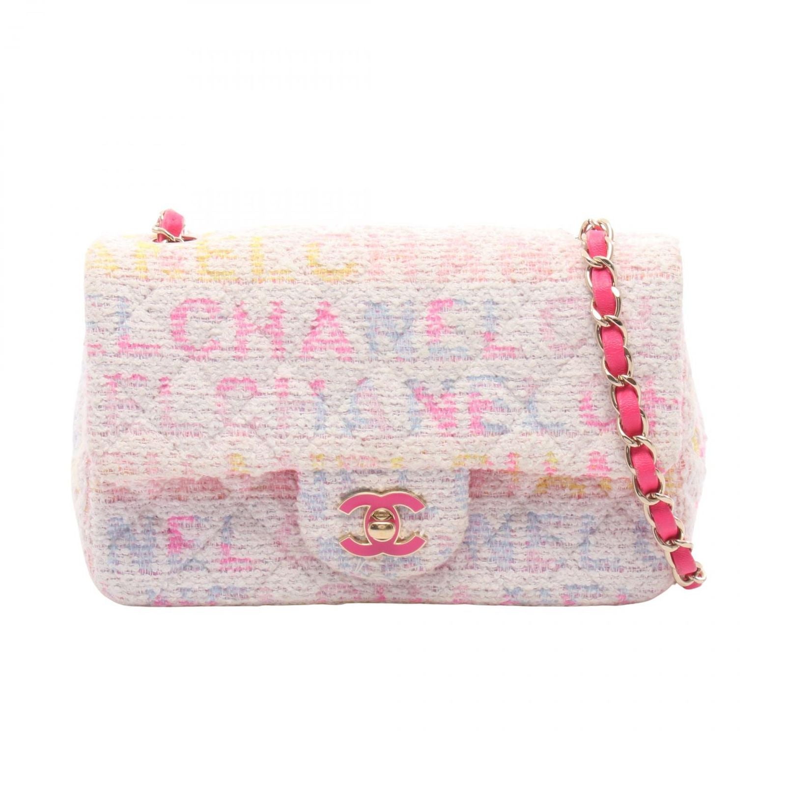 Chanel Shoulder Bag Mini Quilted 20 White Multi Fabric Leather Chain