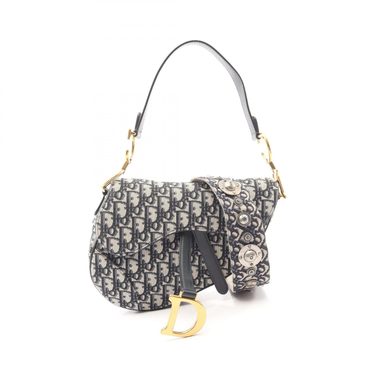 Dior Saddle Bag Oblique Peacock 2-Way Navy Canvas Leather