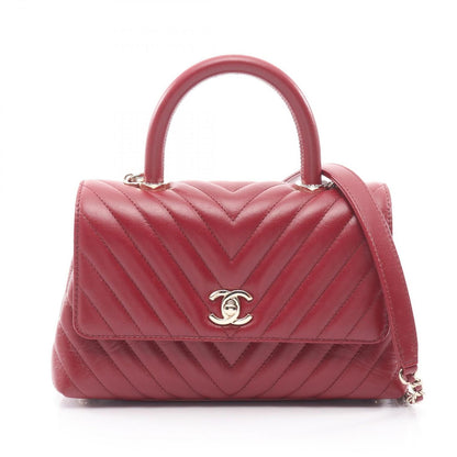 Chanel Handbag Coco Handle Flap Stitch Blanc 2-Way Red Leather Chain