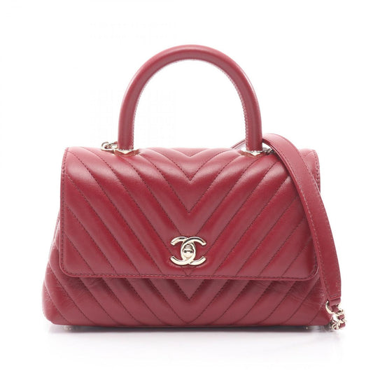 Chanel Handbag Coco Handle Flap Stitch Blanc 2-Way Red Leather Chain