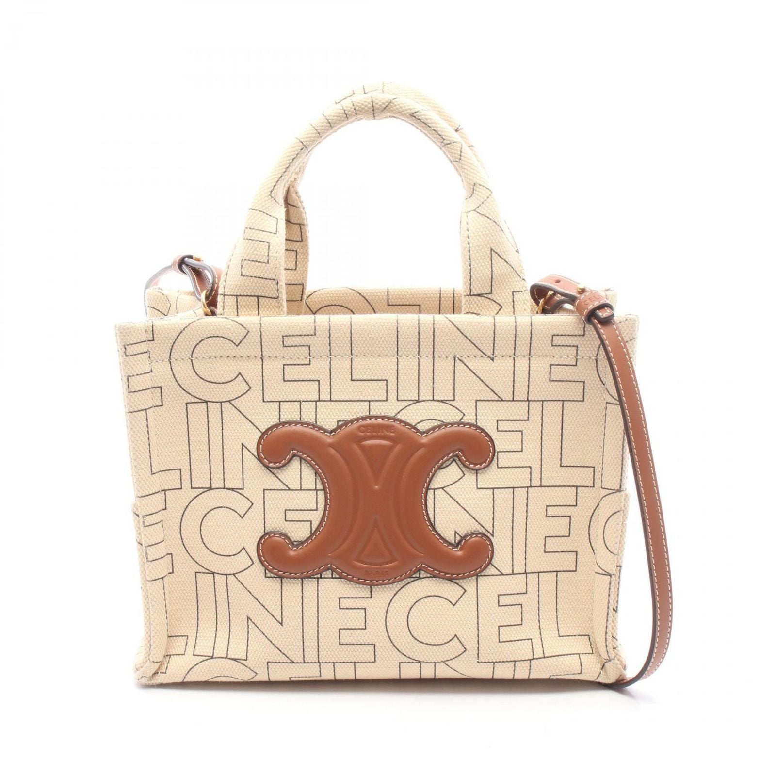 Celine Tote Small Cabas Thais 2-Way Beige Brown Canvas Leather