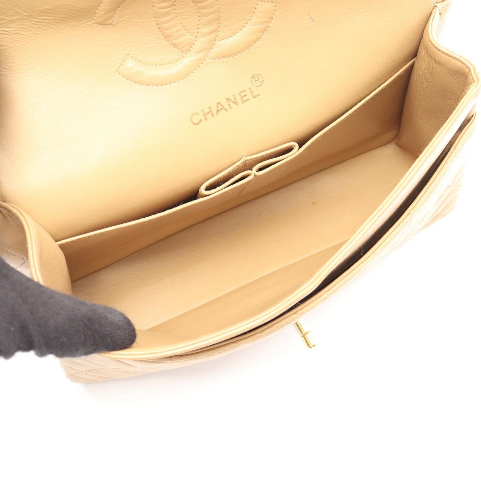 Chanel Shoulder Bag Quilted Double Flap Beige Lambskin Chain — view 3