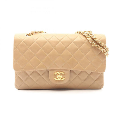 Chanel Shoulder Bag Quilted Double Flap Beige Lambskin Chain