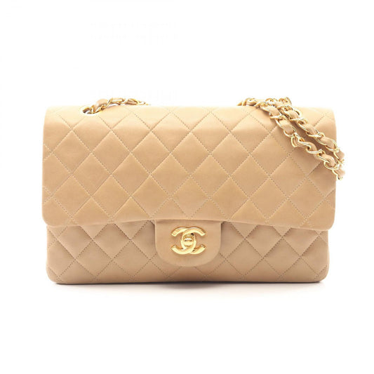 Chanel Shoulder Bag Quilted Double Flap Beige Lambskin Chain
