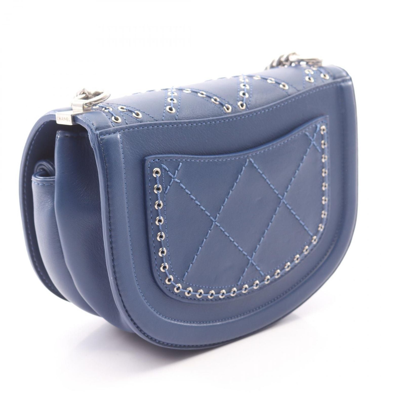 Chanel Shoulder Bag Quilted Coco Eyelet Round Mini Blue Leather Chain — view 2