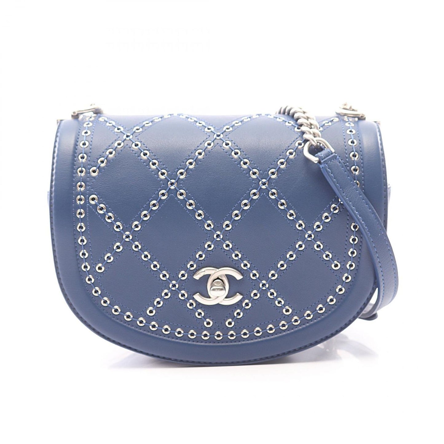 Chanel Shoulder Bag Quilted Coco Eyelet Round Mini Blue Leather Chain