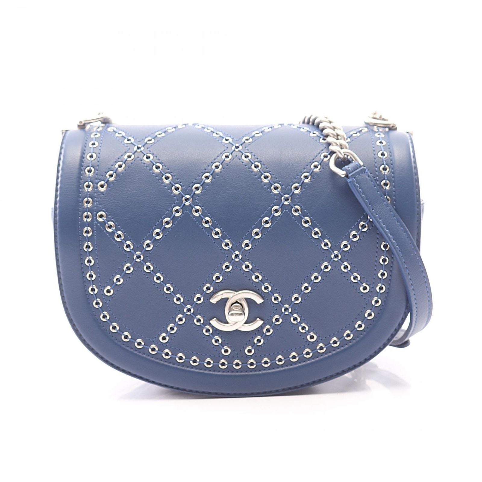 Chanel Shoulder Bag Quilted Coco Eyelet Round Mini Blue Leather Chain