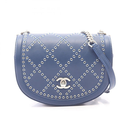 Chanel Shoulder Bag Quilted Coco Eyelet Round Mini Blue Leather Chain