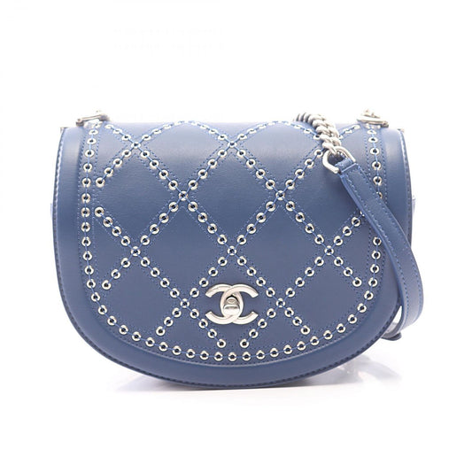 Chanel Shoulder Bag Quilted Coco Eyelet Round Mini Blue Leather Chain