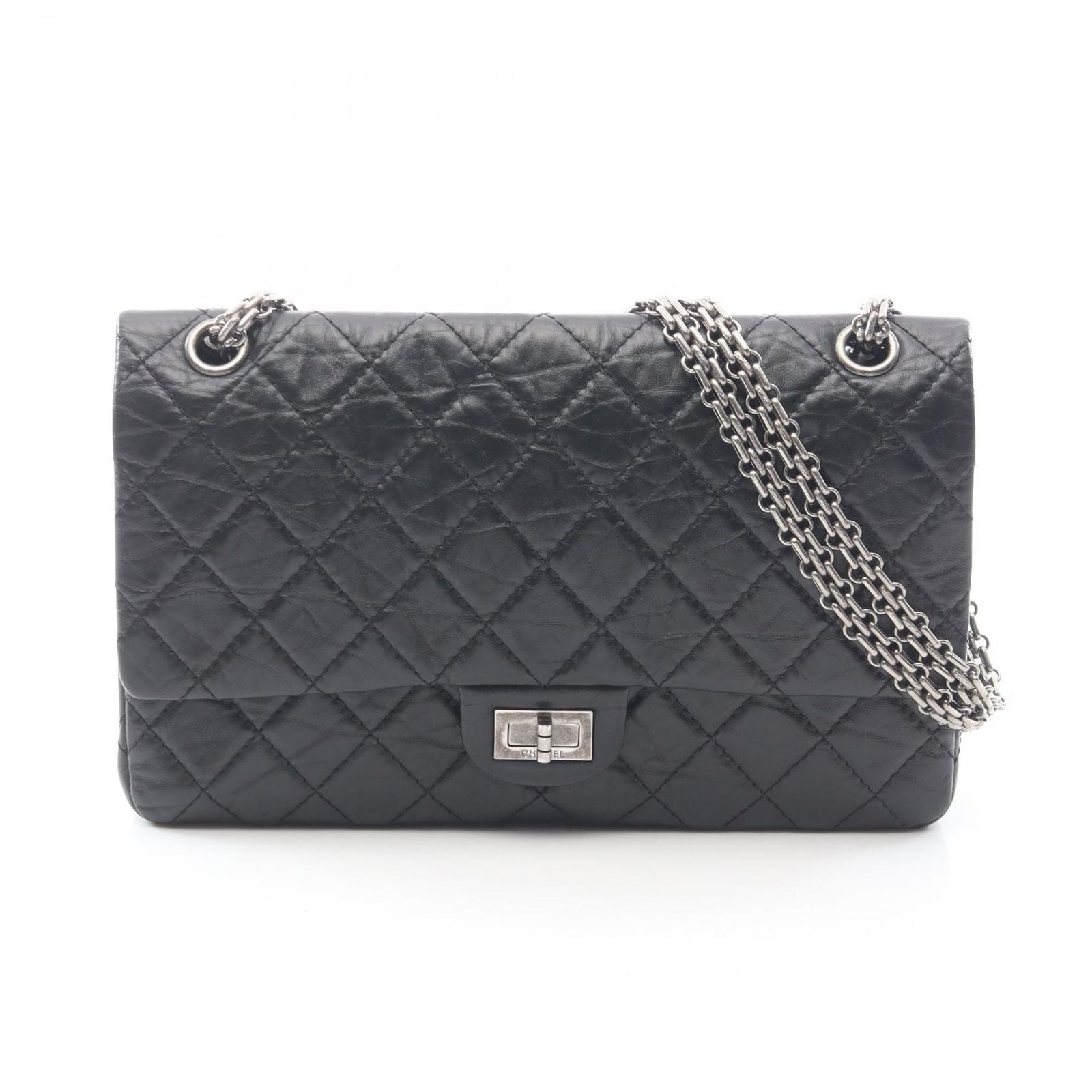 Chanel Shoulder Bag 2.55 Quilted Double Flap Black Leather Chain