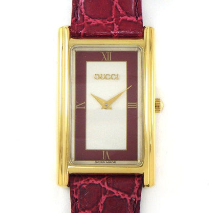 Gucci Watch Vintage Silver Red Dial SS Leather Quartz Analog