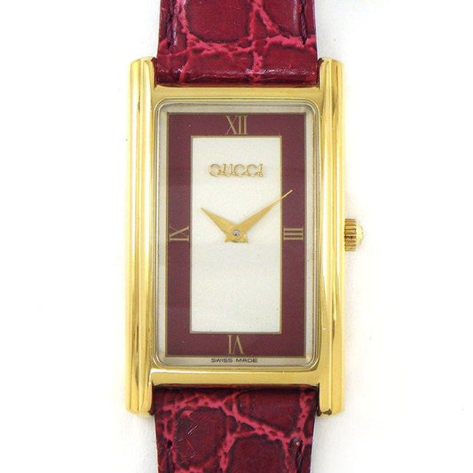 Gucci Watch Vintage Silver Red Dial SS Leather Quartz Analog