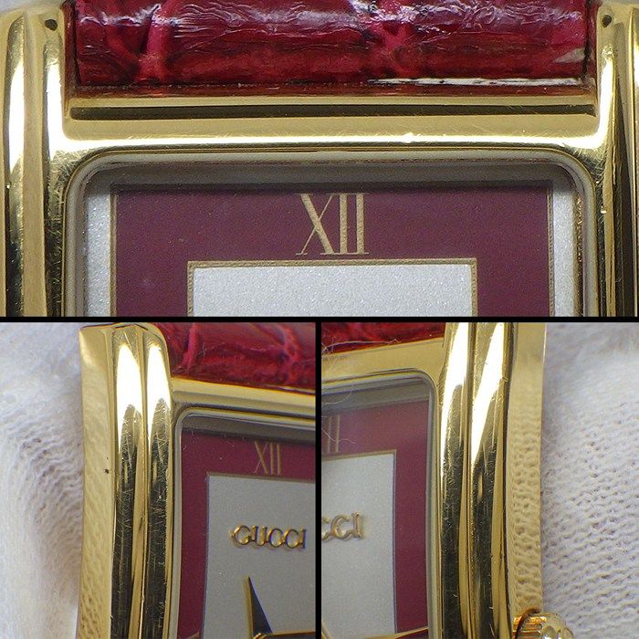 Gucci Watch Vintage Silver Red Dial SS Leather Quartz Analog — view 8
