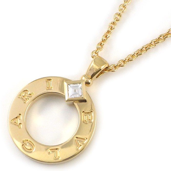 Bvlgari Necklace Round Circle Logo 1 Point Square Cut Diamond 18k Yellow Gold