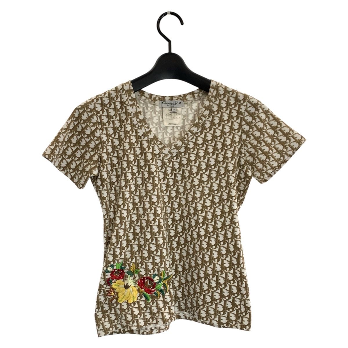 Dior Trotter Flower 38 Beige Cotton Short Sleeve T-Shirt V-neck