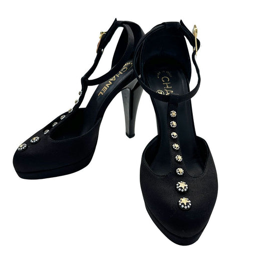 Chanel Shoes Leather Heels Black CC Logo Line