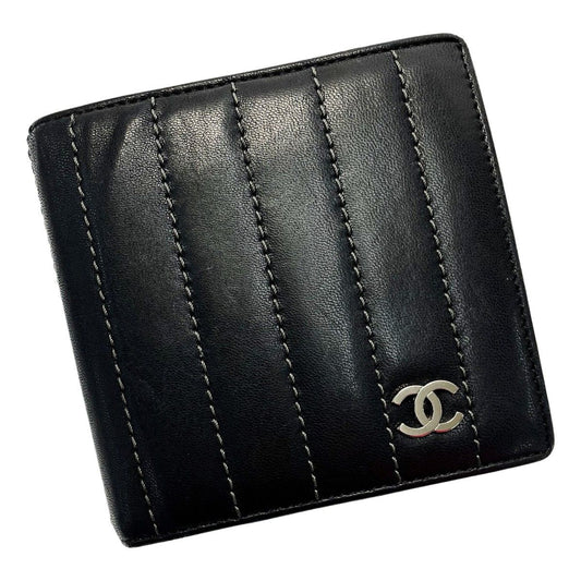 Chanel leline Black Leather Silver Wallet