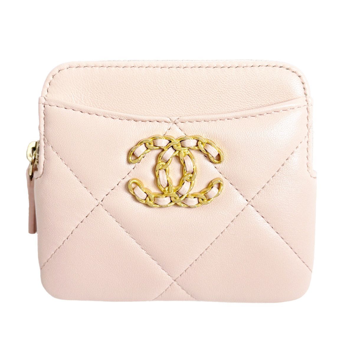 Chanel 19 Coin Case Pink Quilted Lambskin CC Logo Zip Card Wallet Leather