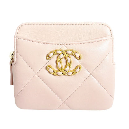 Chanel 19 Coin Case Pink Quilted Lambskin CC Logo Zip Card Wallet Leather