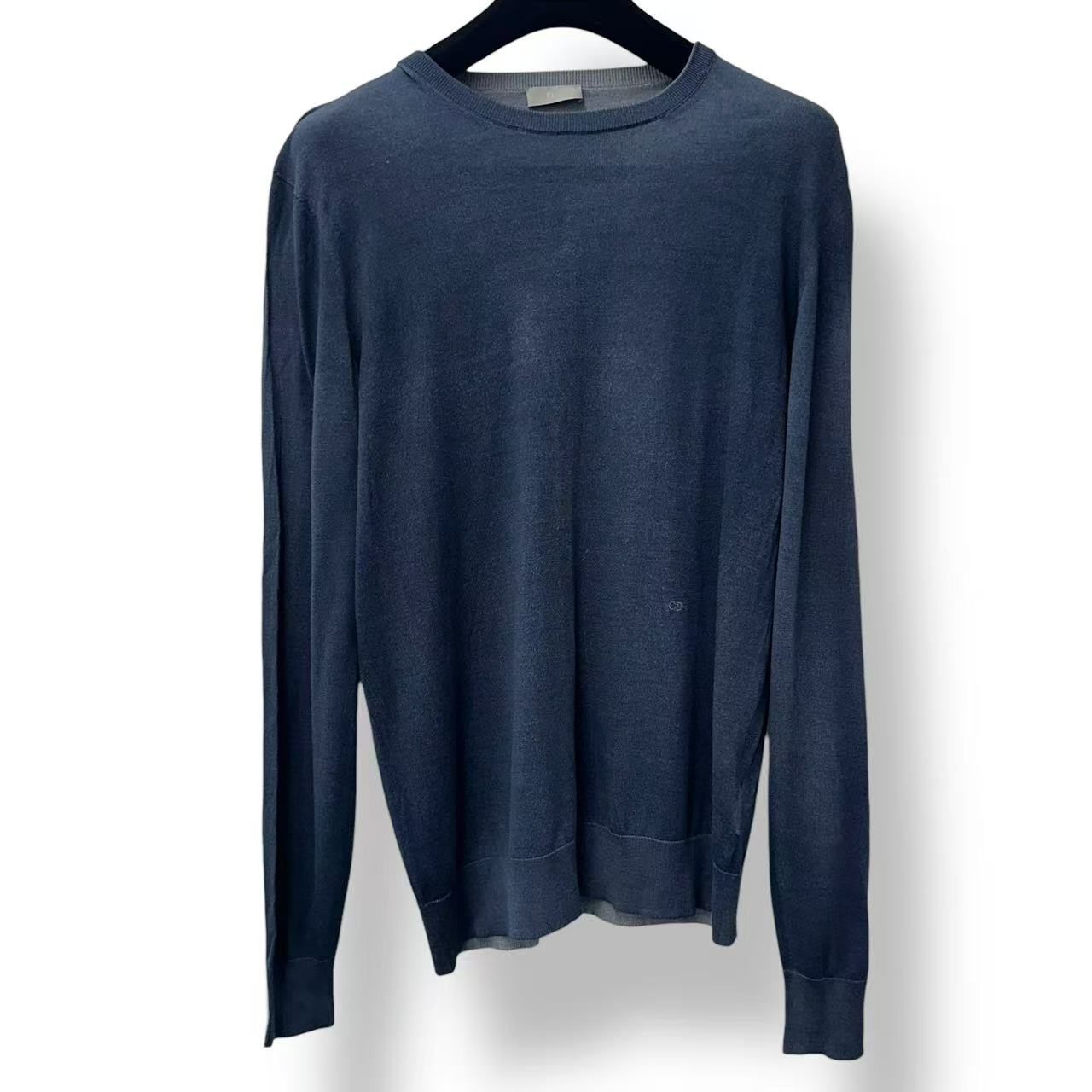 Dior Top Long Sleeve Crew Neck Knit Top Embroidery Logo Silk Navy Sweater