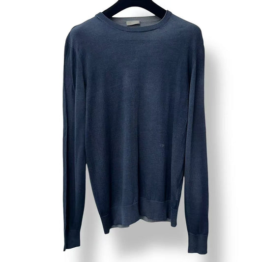 Dior Top Long Sleeve Crew Neck Knit Top Embroidery Logo Silk Navy Sweater