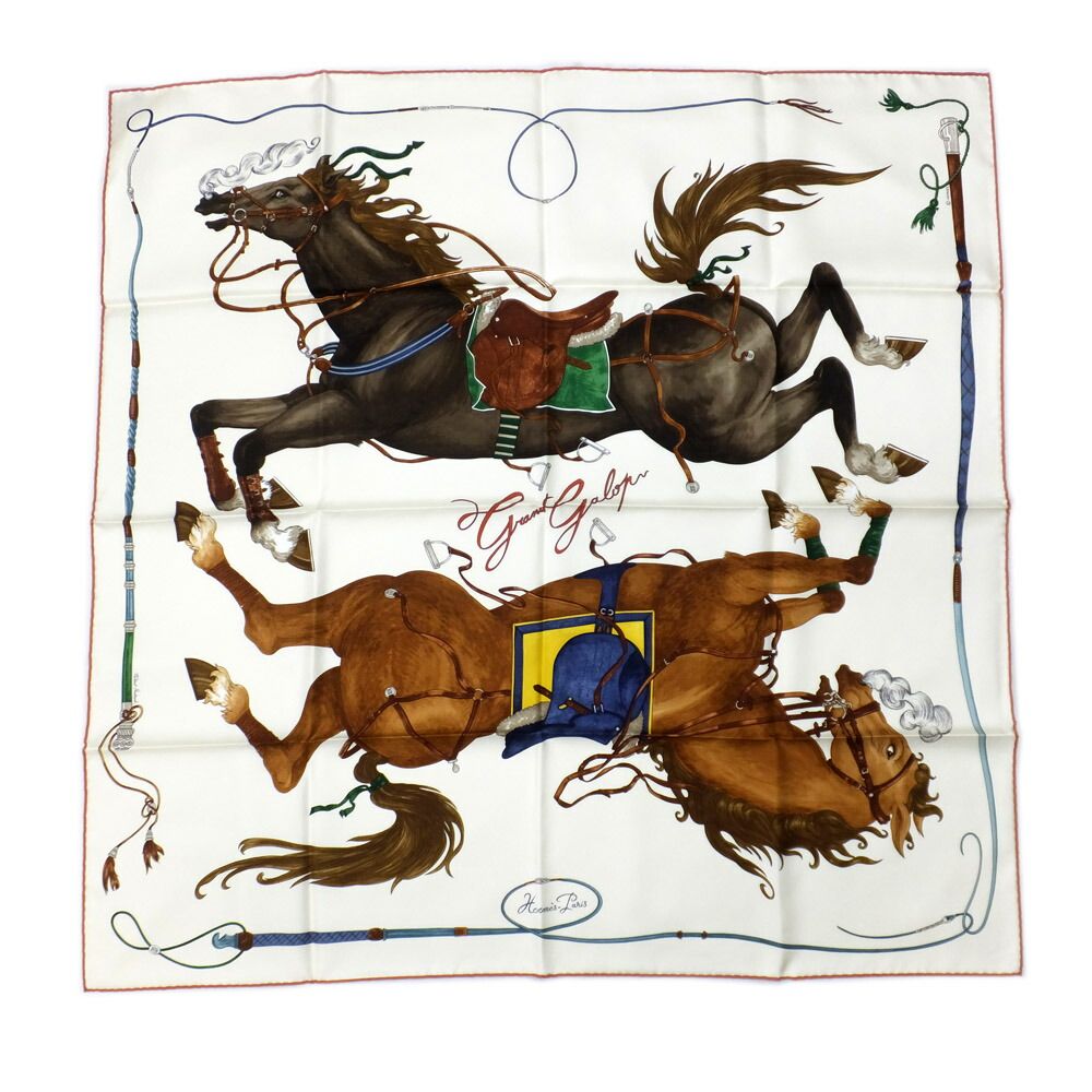 Hermes Heaven Carre 90 Grand Galop White Brown Scarf