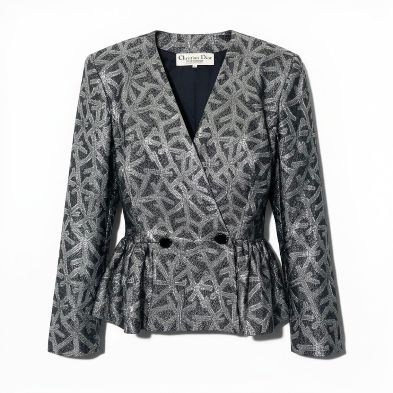 Dior Vintage Silver Silk Jacket Peplum All Over Pattern