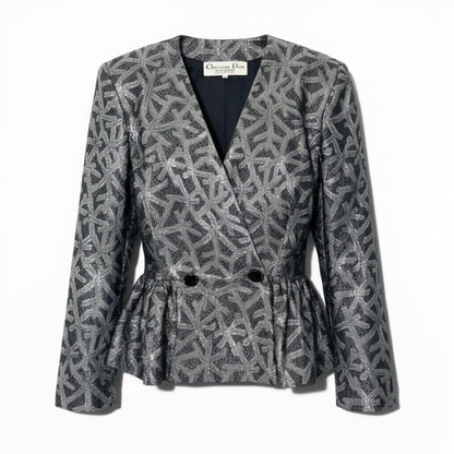 Dior Vintage Silver Silk Jacket Peplum All Over Pattern