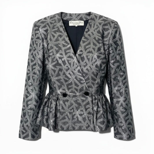 Dior Vintage Silver Silk Jacket Peplum All Over Pattern