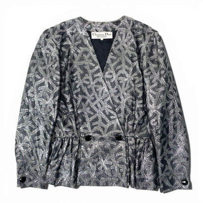 Dior Vintage Silver Silk Jacket Peplum All Over Pattern — view 2