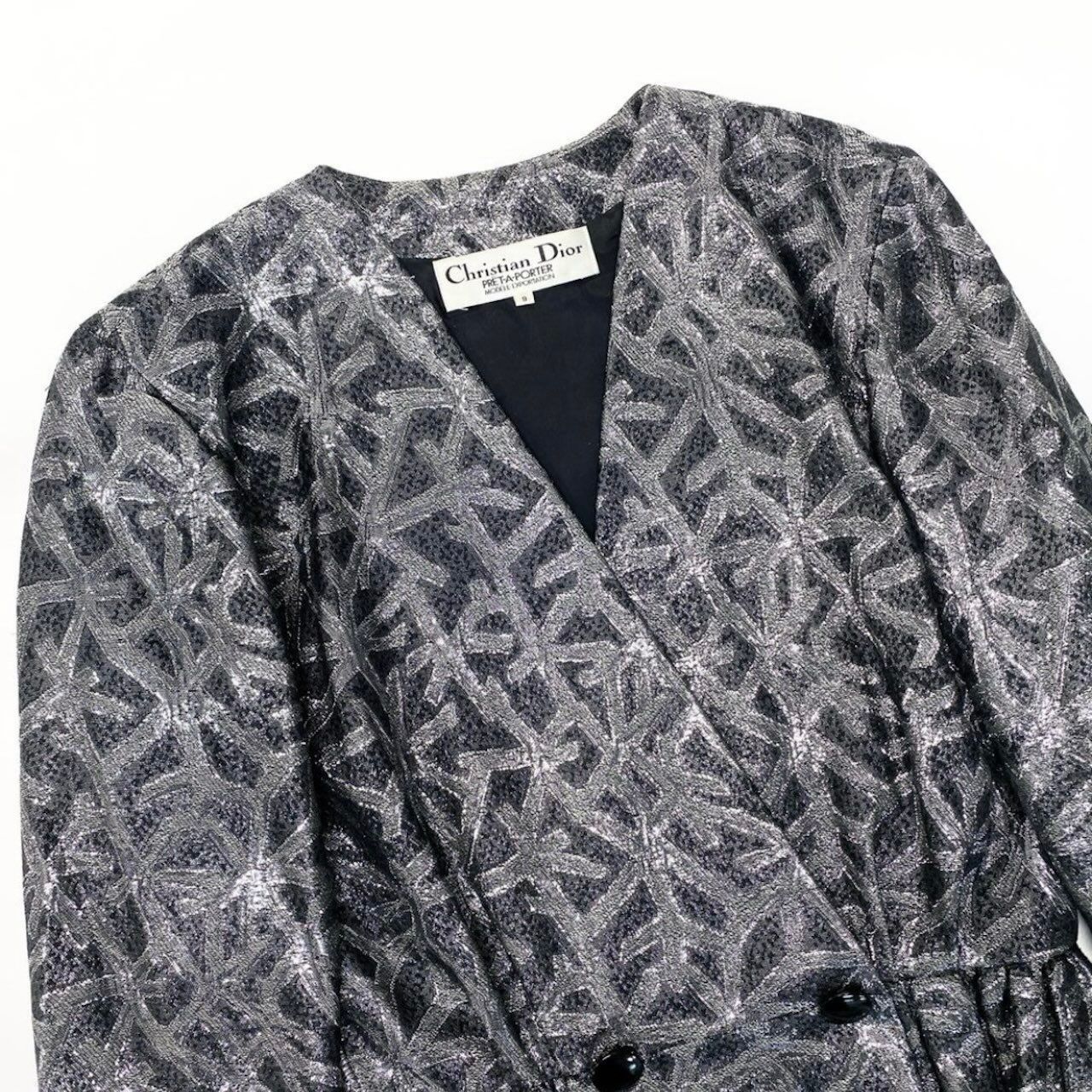 Dior Vintage Silver Silk Jacket Peplum All Over Pattern — view 4