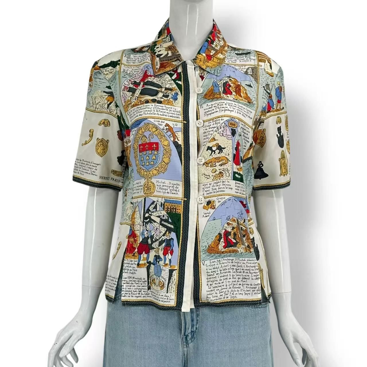 Hermes Top Vintage Mont Sainct Michel Silk 100% Allover Pattern Short Sleeve