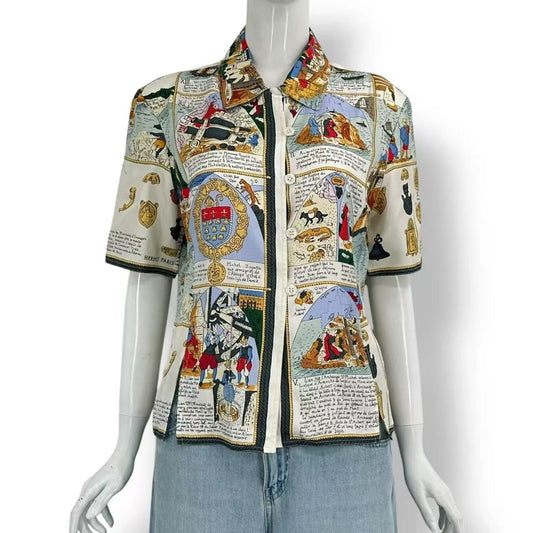 Hermes Top Vintage Mont Sainct Michel Silk 100% Allover Pattern Short Sleeve