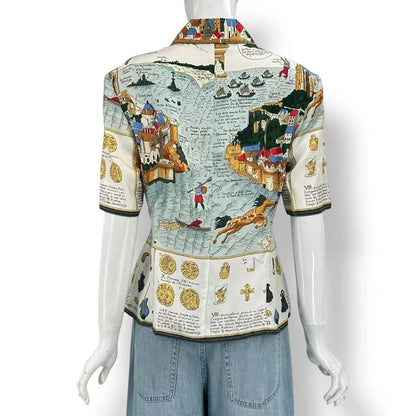 Hermes Top Vintage Mont Sainct Michel Silk 100% Allover Pattern Short Sleeve — view 2