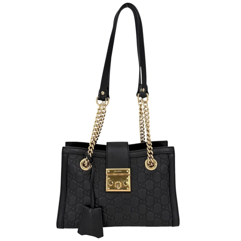 Gucci Shoulder Bag Guccissima Padlock Chain GG Bag Leather Black Gold
