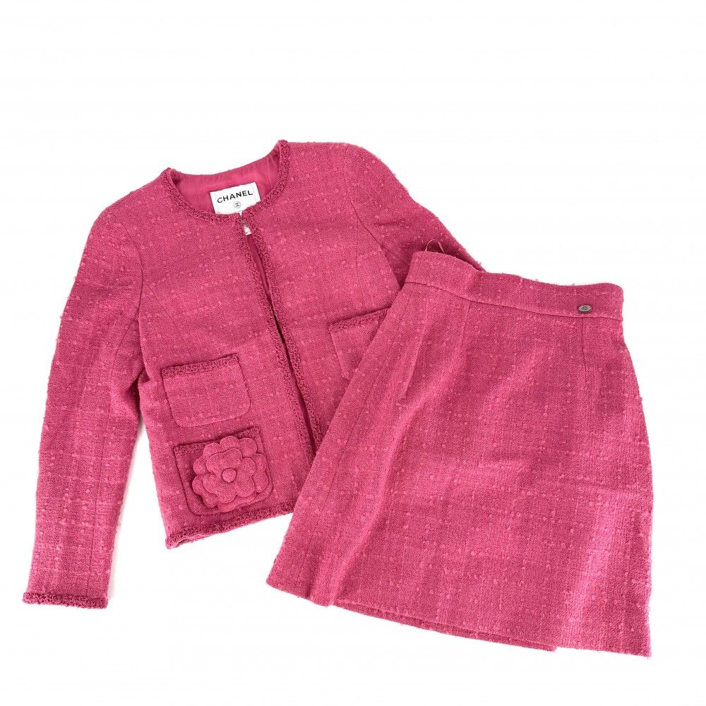 Chanel Set Collarless Jacket Skirt CC Logo Pink Silver Wool Nylon Mohair Spring