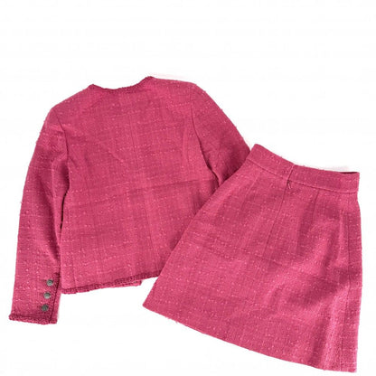 Chanel Set Collarless Jacket Skirt CC Logo Pink Silver Wool Nylon Mohair Spring — view 2