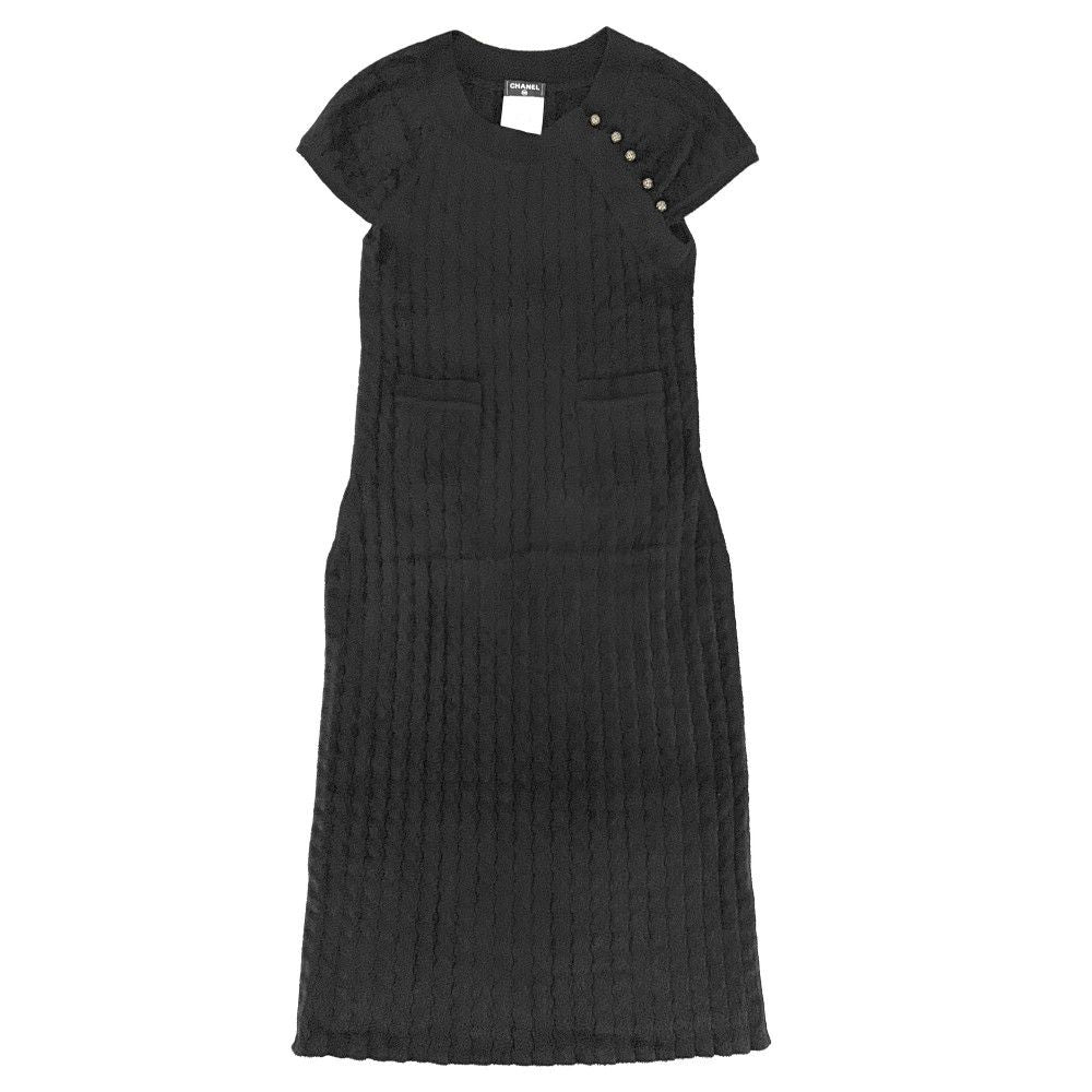 Chanel Dress Velour Short Sleeve Coco Button Vintage 38 Black Gold Rayon Nylon