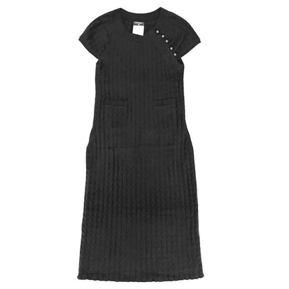 Chanel Dress Velour Short Sleeve Coco Button Vintage 38 Black Gold Rayon Nylon