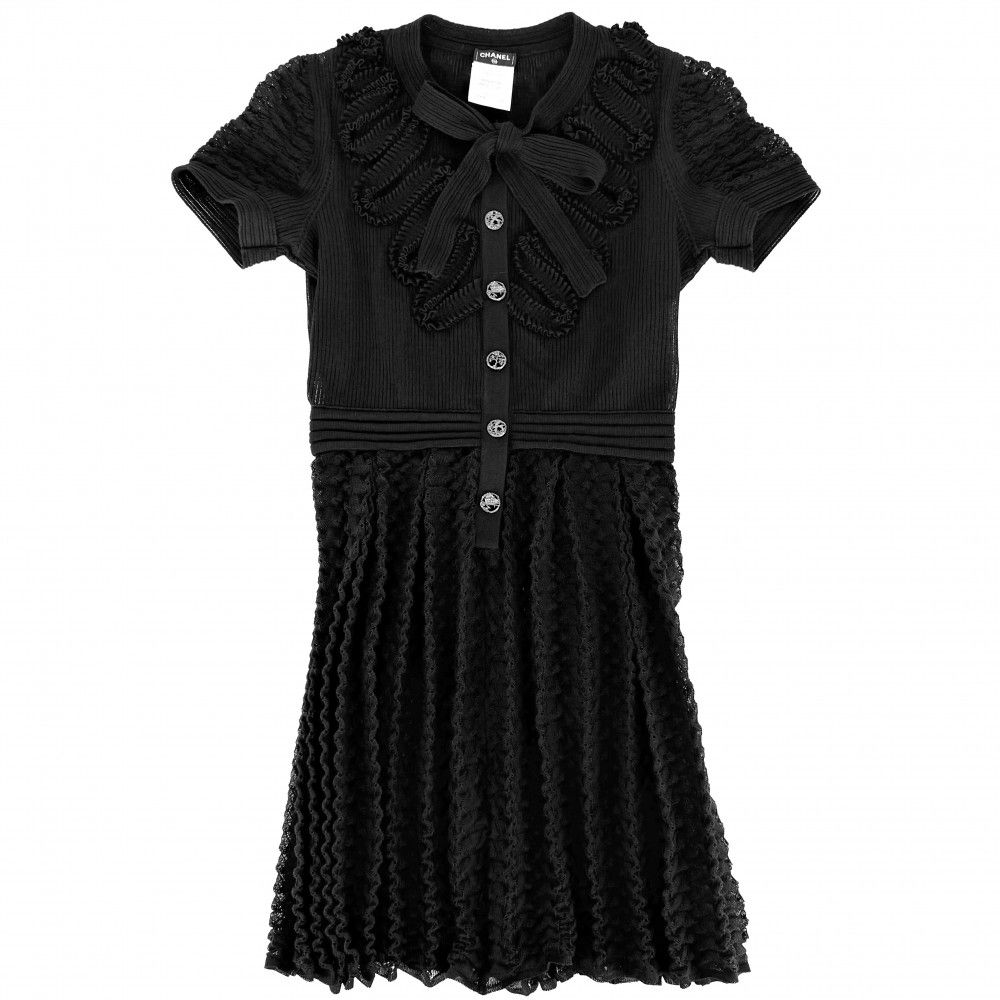 Chanel Dress Lace Bowtie Short Sleeve 38 Black Cotton Polyester Spandex Spring