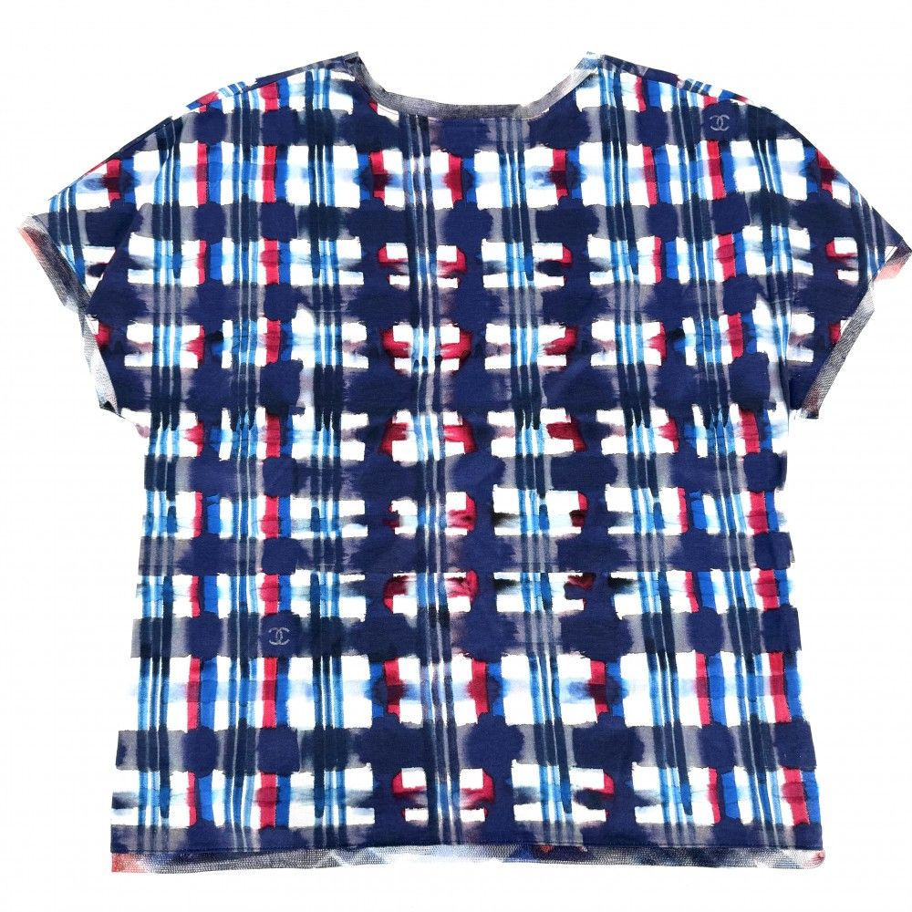 Chanel Short Sleeve Shirt Check Top Lace CC Logo 34 Blue White Cotton Summer